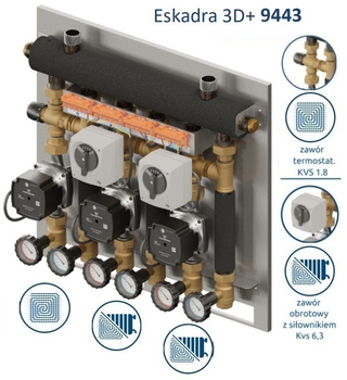 Eskadra 3D+ 9443 - KRE 3D+, 2 x zawór termostatyczny Kvs 1.8 20-45*C, zawór obrot. z siłownikiem Kvs 6.3