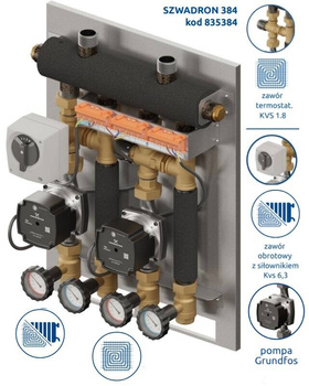 Szwadron 2D+ 384 - SKE 2DC+ 35kW, zawór termostatyczny Kvs 1.8 20-45*C, zawór obrotowy. z siłownikiem Kvs 6.3
