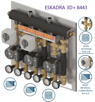 Eskadra 3D+ 8433 - KRE 3D+, zawór termostatyczny Kvs 1.8 20-45*C, zawór obrot. z siłownikiem Kvs 6.3