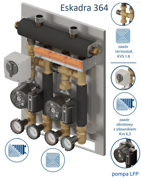 Eskadra 2D+ 364 - KRE 2D+, zawór termostatyczny Kvs 1.8 20-45*C, zawór obrot. z siłownikiem Kvs 6.3
