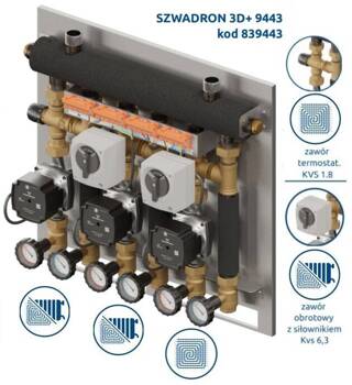 Szwadron 9443 - SKE 2DC+ 35kW, zawór termostatyczny Kvs 1.8 20-45*C, 2 x zawór obrotowy. z siłownikiem Kvs 6.3